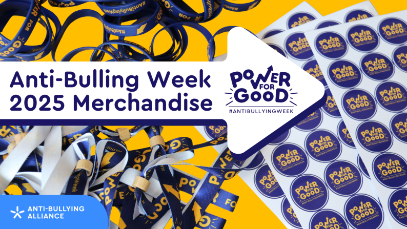 Text reads "Anti-Bullying Week 2025 Merchandise", with stickers and wristbands behind it