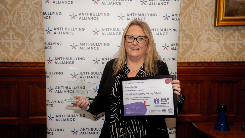 Mrs Taylor with her award at the Parliamentary Event in the House of Lords in Anti-Bullying Week 