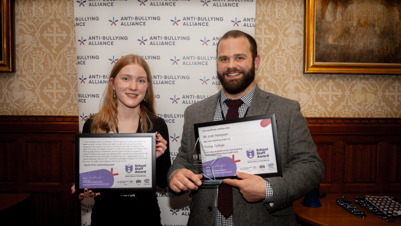 Mr Hampson with the pupil who nominated him for the award at the Parliamentary Event in the House of Lords in Anti-Bullying Week 