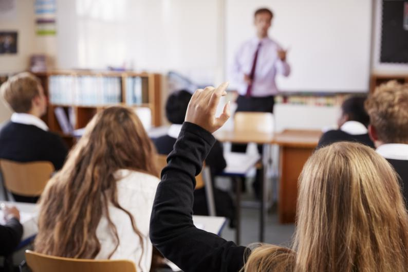 Young person with hand raised in class