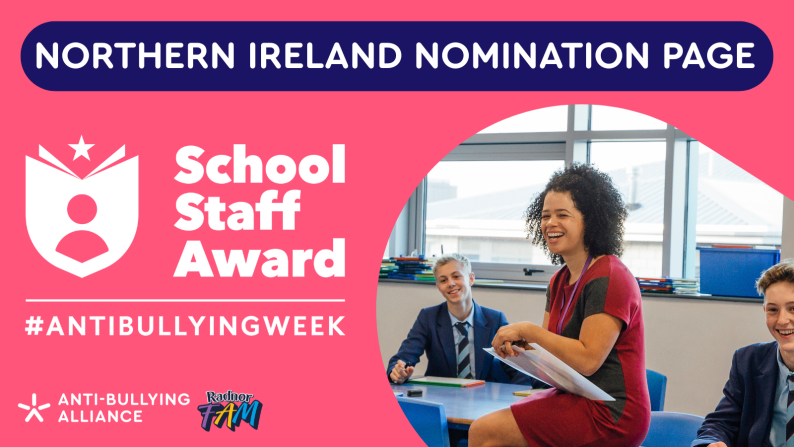 School Staff Award image - text reads: 'Northern Ireland nomination page', with the school staff award logo and a picture of a teacher