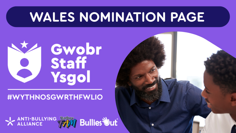 School Staff Award image - text reads: 'Wales nomination page', with the school staff award logo and a picture of a teacher
