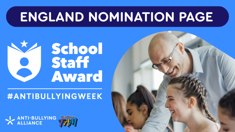 School Staff Award image - text reads: 'England nomination page', with the school staff award logo and a picture of a teacher